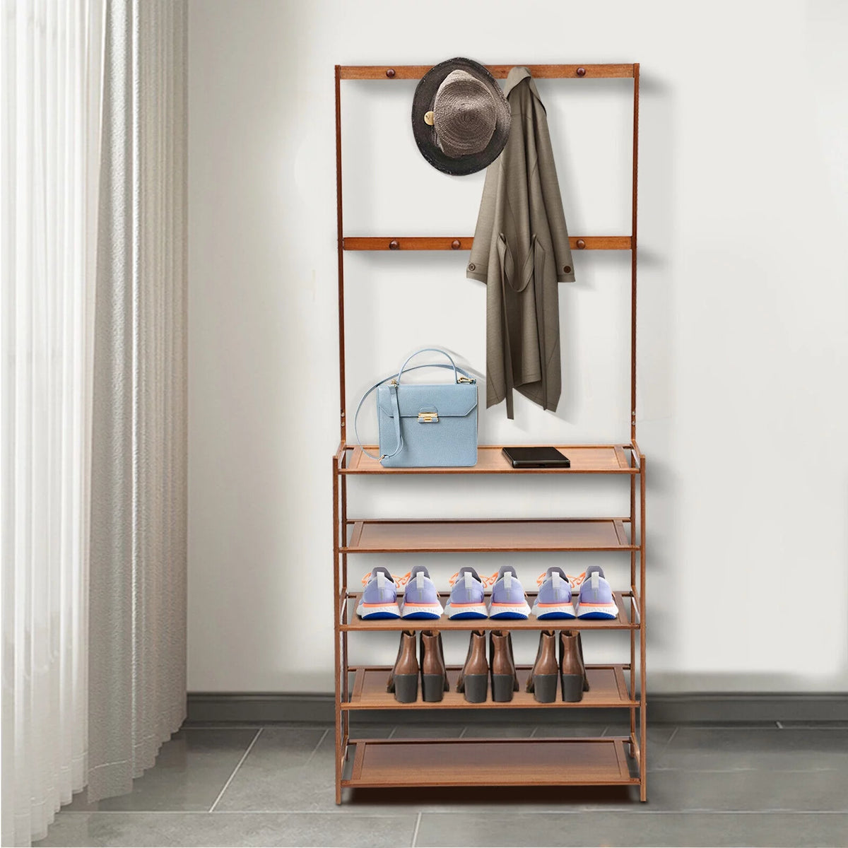 5-Tier Bamboo Coat Shoe Rack with Storage Bench and 8 Hooks C414