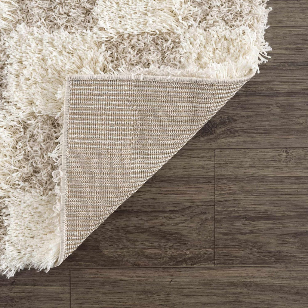 Beige Cream White Checkered Fluffy Shag Area Rug 6'7" x 9'6" A39427