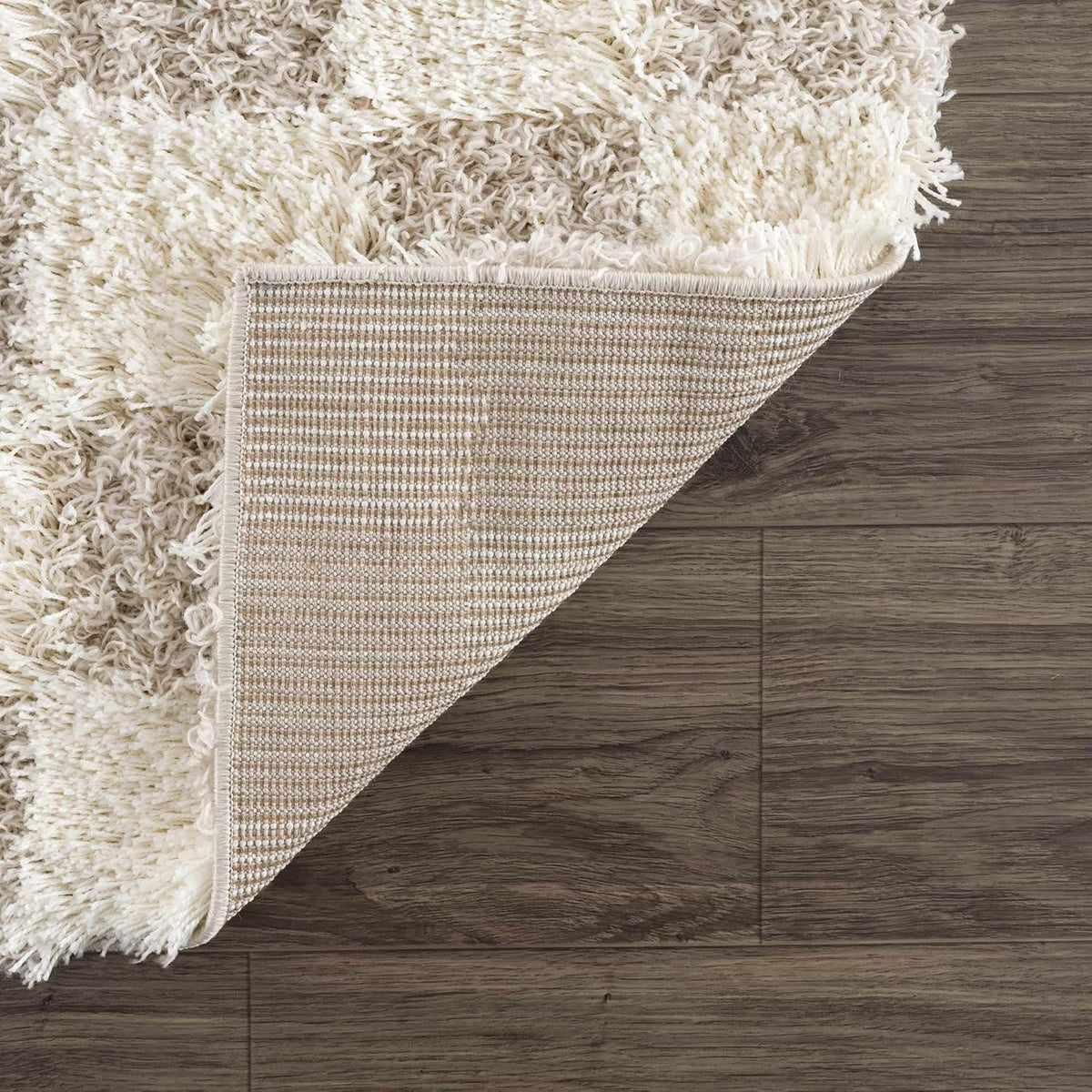 Beige Cream White Checkered Fluffy Shag Area Rug 6'7" x 9'6" A39427