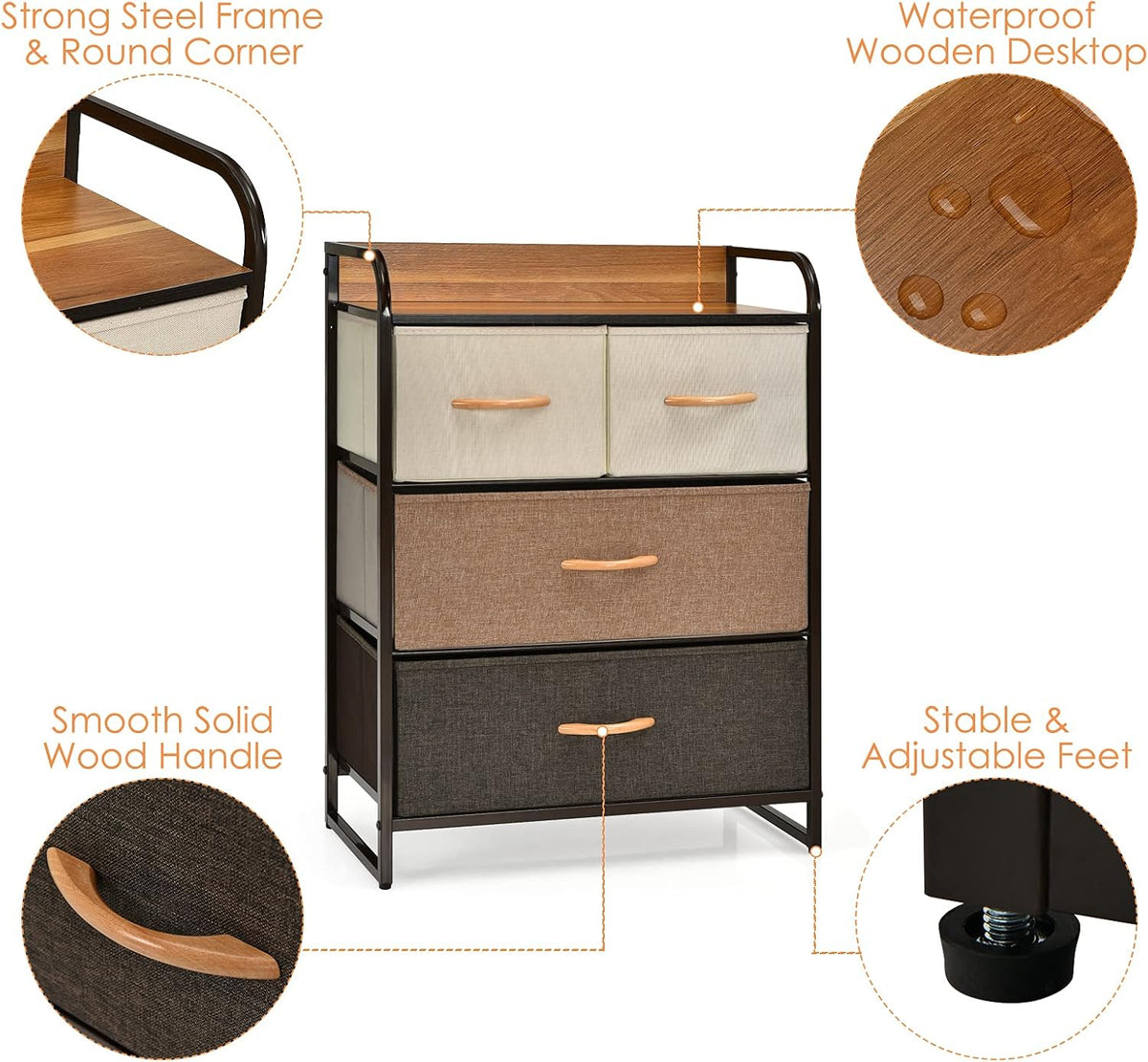 4 Drawer Fabric Dresser with Steel Frame and Wooden Top H1698