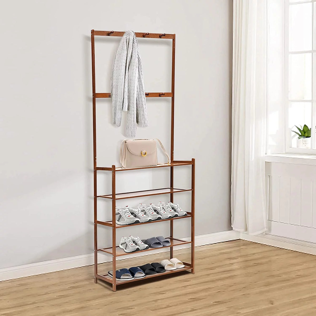 5-Tier Bamboo Coat Shoe Rack with Storage Bench and 8 Hooks C414