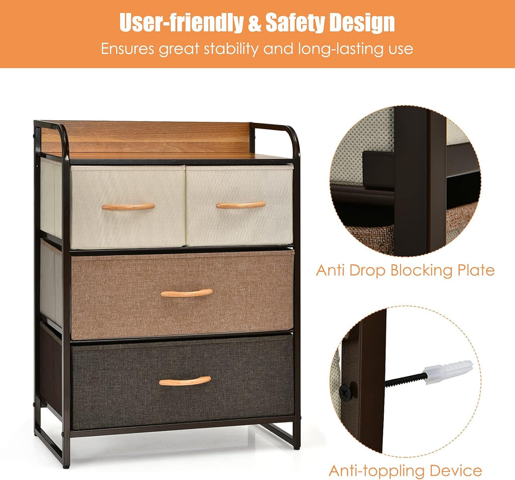 4 Drawer Fabric Dresser with Steel Frame and Wooden Top H1698