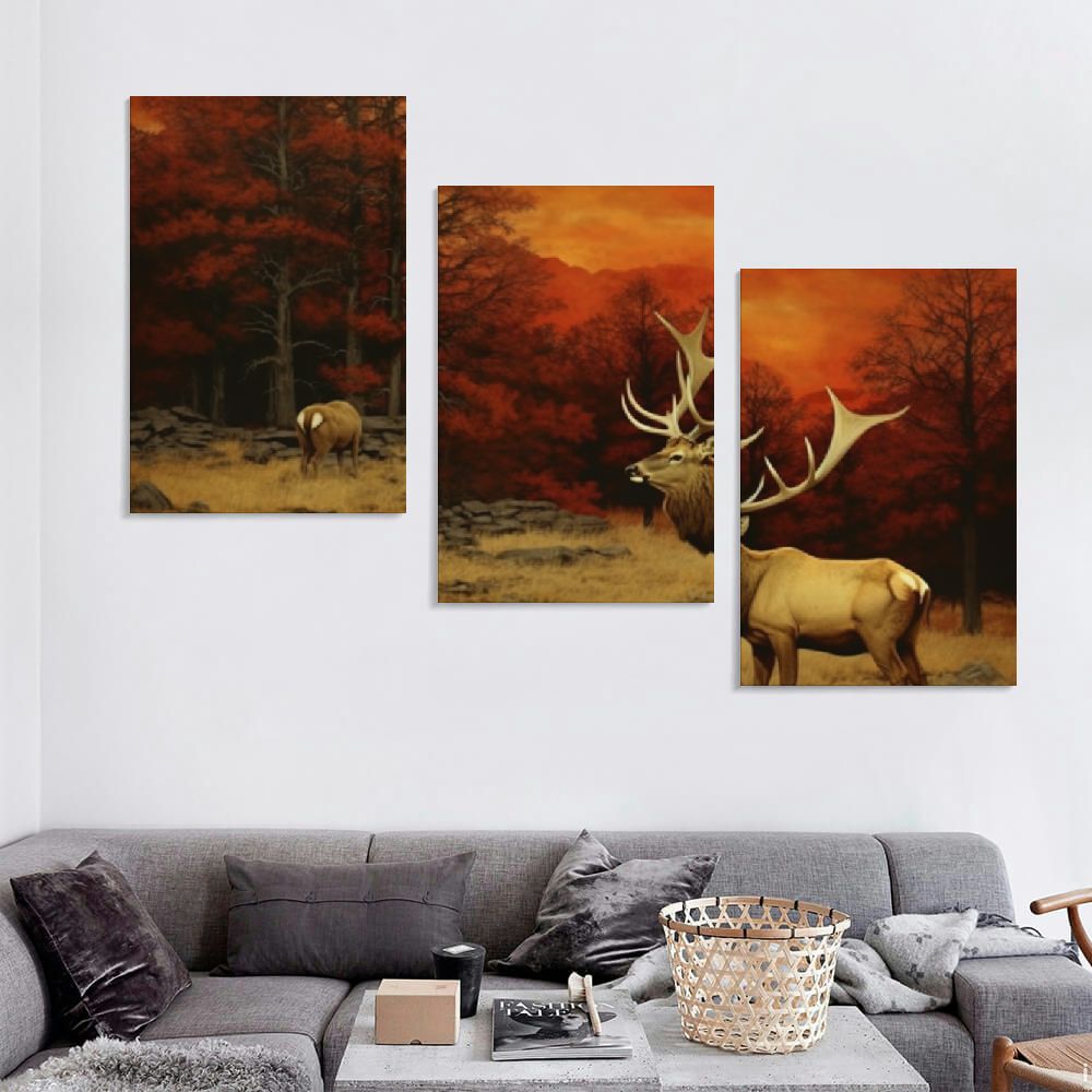 Deer Elk Forest Canvas Wall Art Painting Prints 12''x16'' 3 Panels E53158