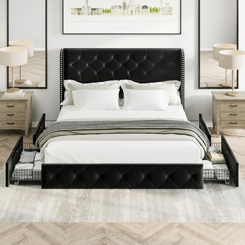 Black Velvet King Size Bed Frame with Storage Drawers and Tufted Headboard V2696