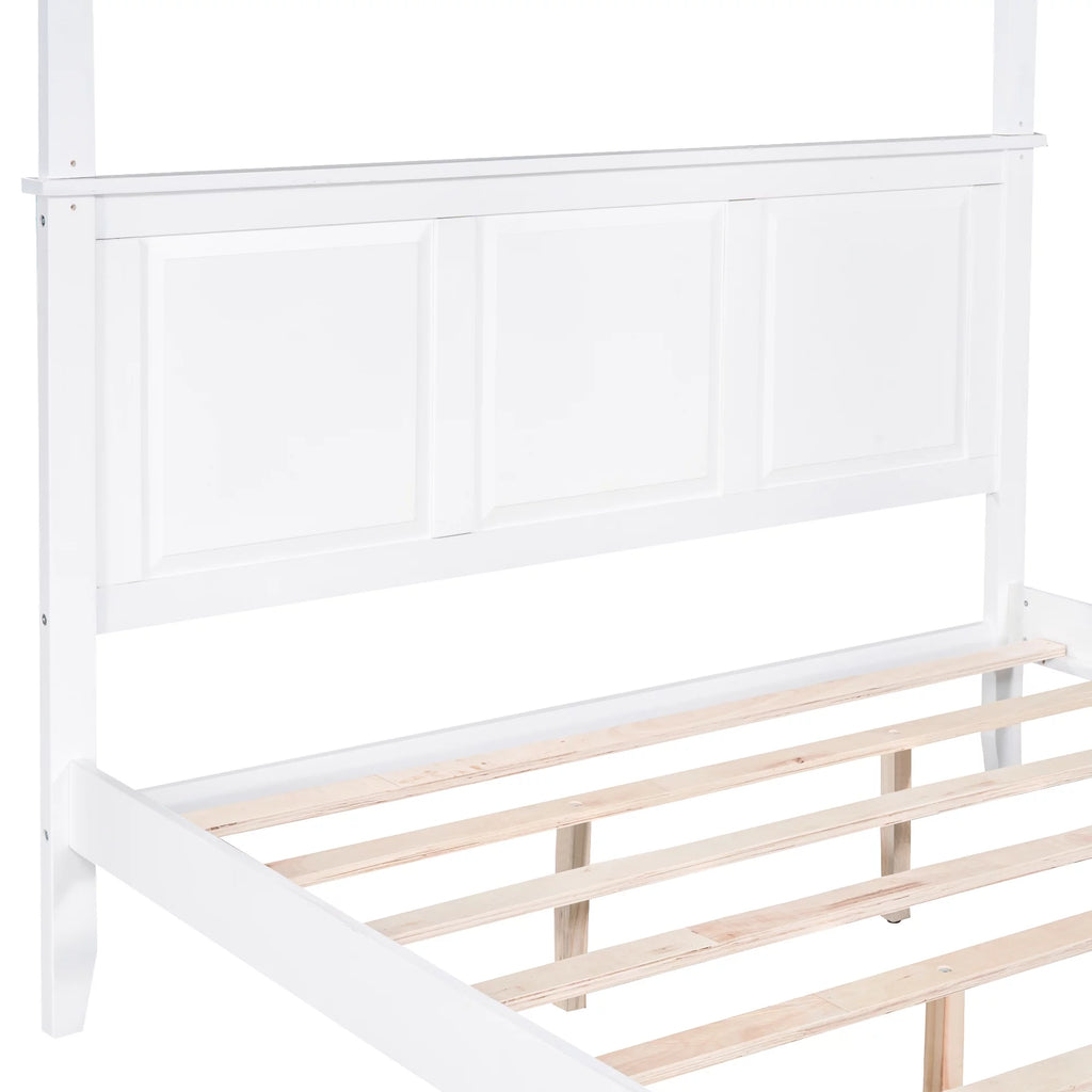 White Wood Queen Size Canopy Platform Bed E94326