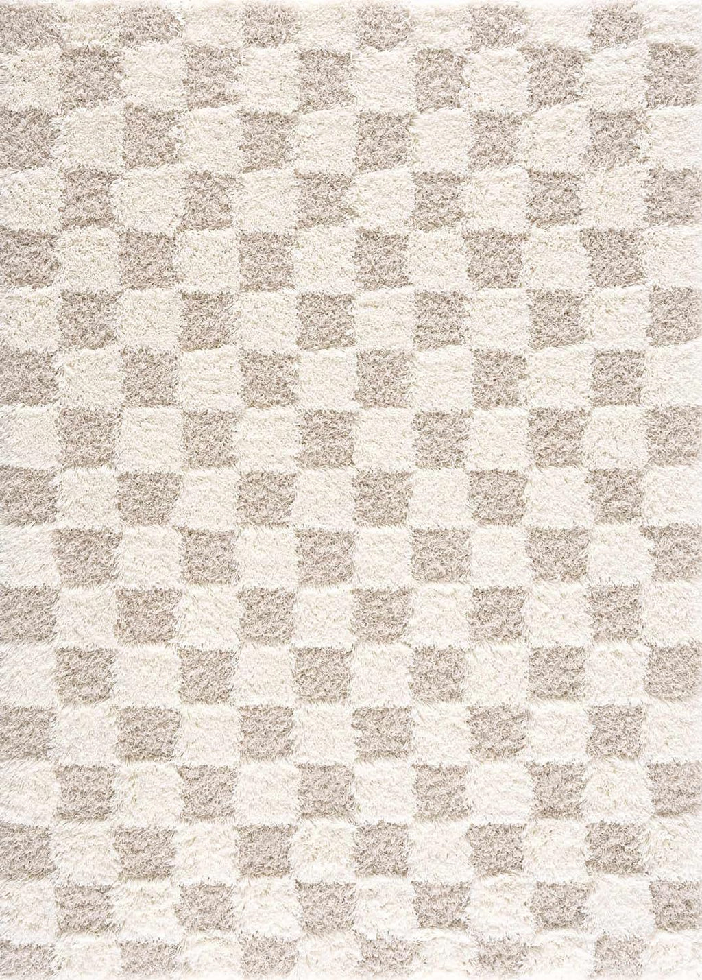 Beige Cream White Checkered Fluffy Shag Area Rug 6'7" x 9'6" A39427