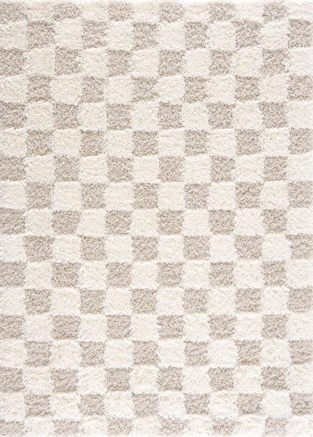 Beige Cream White Checkered Fluffy Shag Area Rug 6'7" x 9'6" A39427