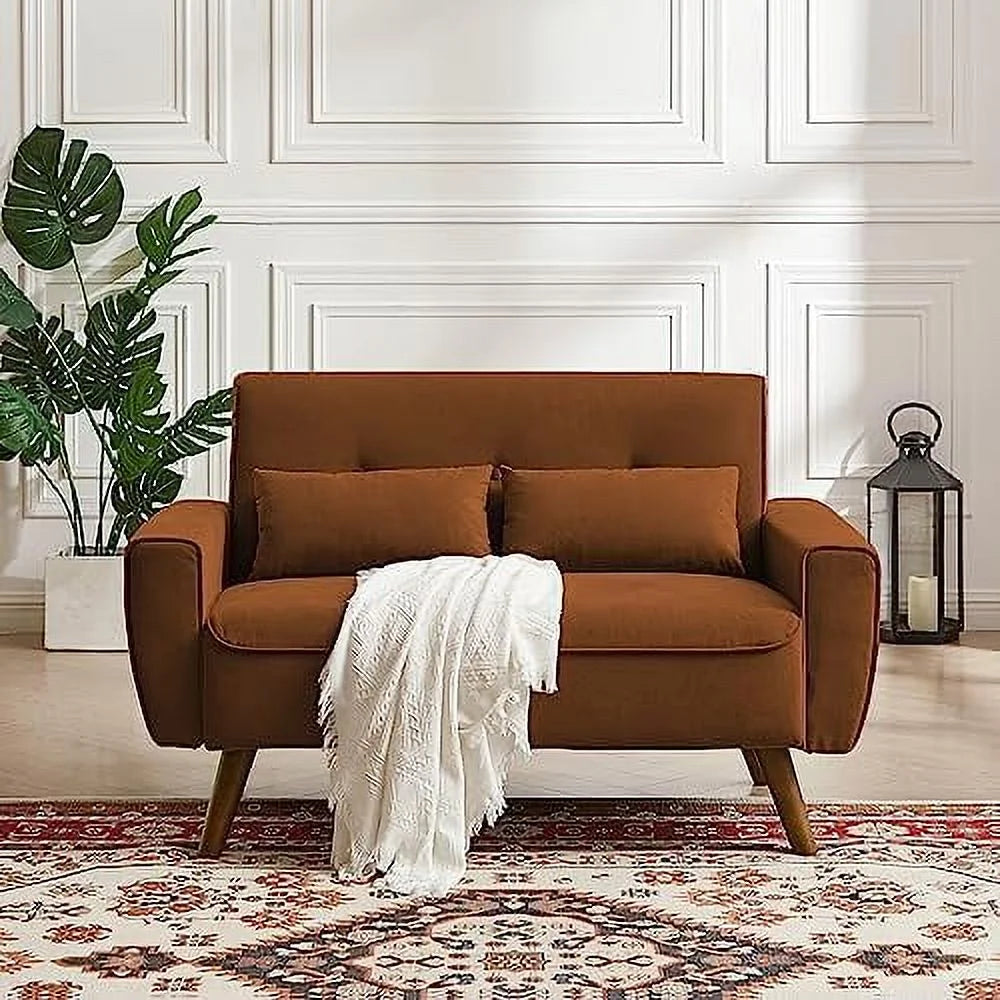 48" Linen Loveseat Sofa with 2 Throw Pillows and Wooden Legs Q99778