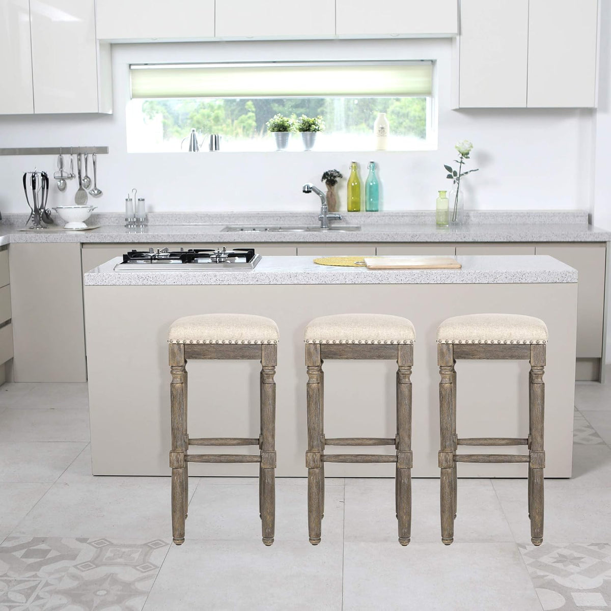 Kitchen Counter Barstool 30 Inch Seat Height Taupe Set of 2 P10801