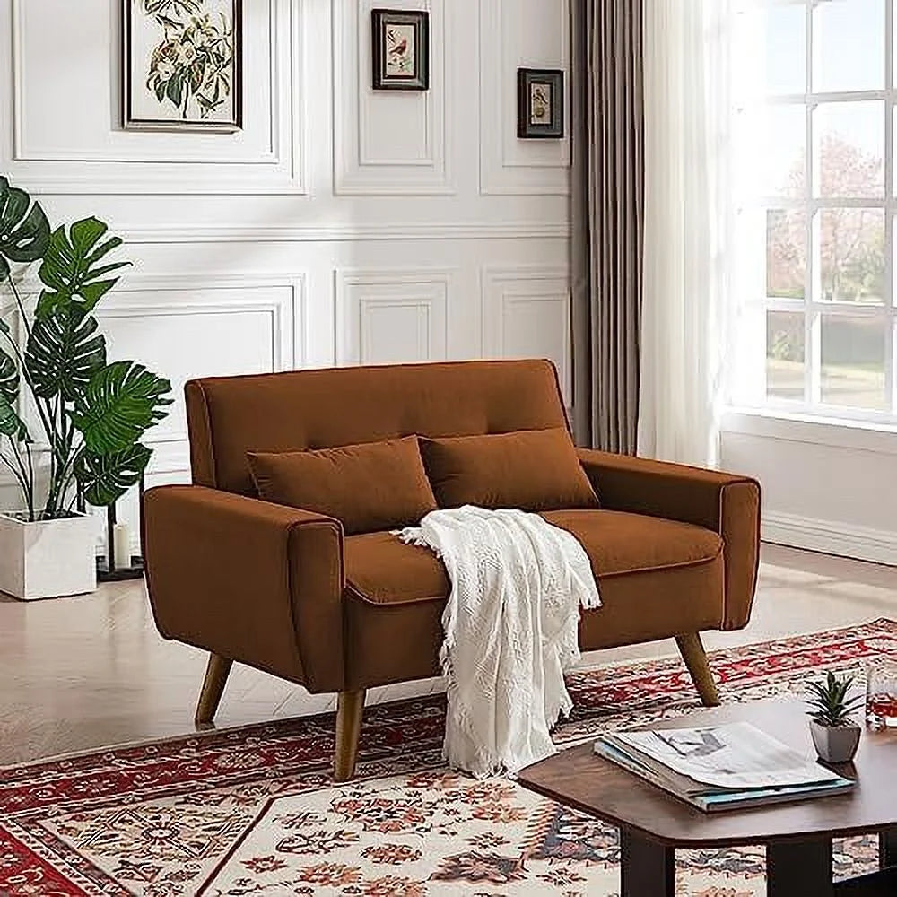 48" Linen Loveseat Sofa with 2 Throw Pillows and Wooden Legs Q99778