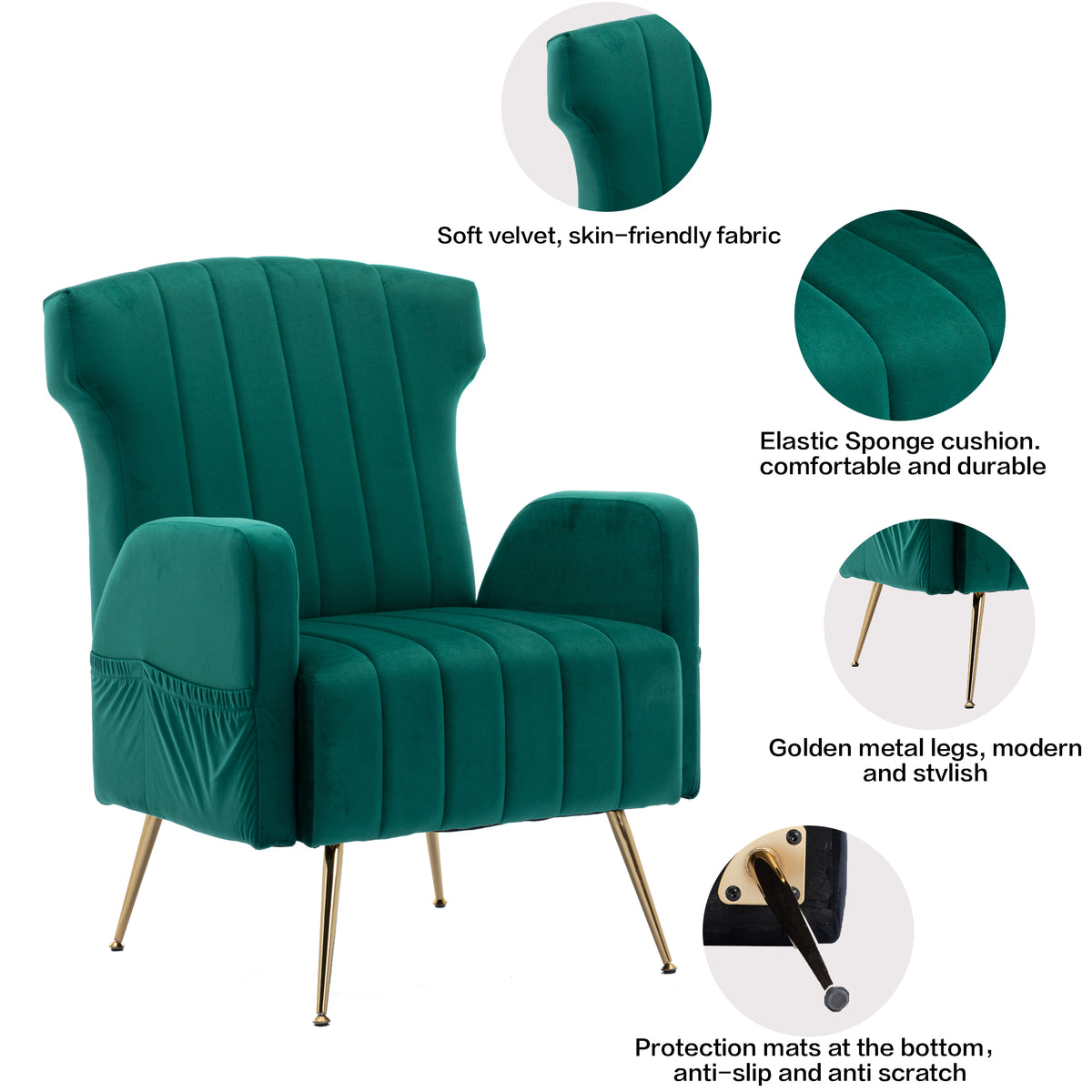 Green Velvet Wingback Accent Chair with Metal Legs W767104
