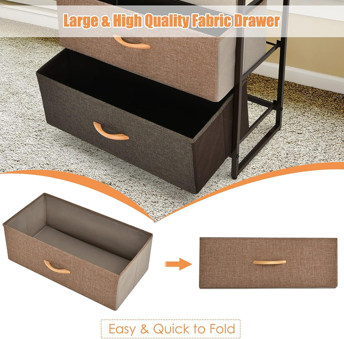 4 Drawer Fabric Dresser with Steel Frame and Wooden Top H1698