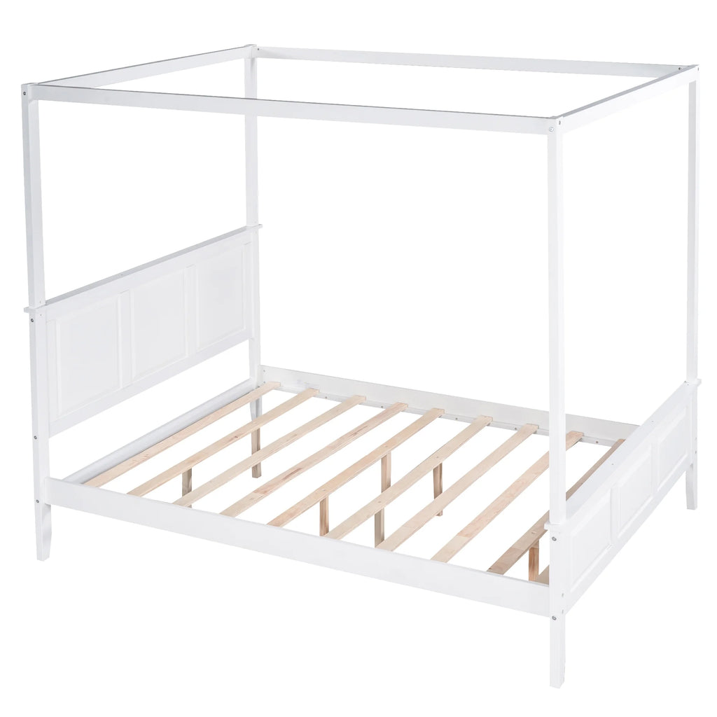 White Wood Queen Size Canopy Platform Bed E94326