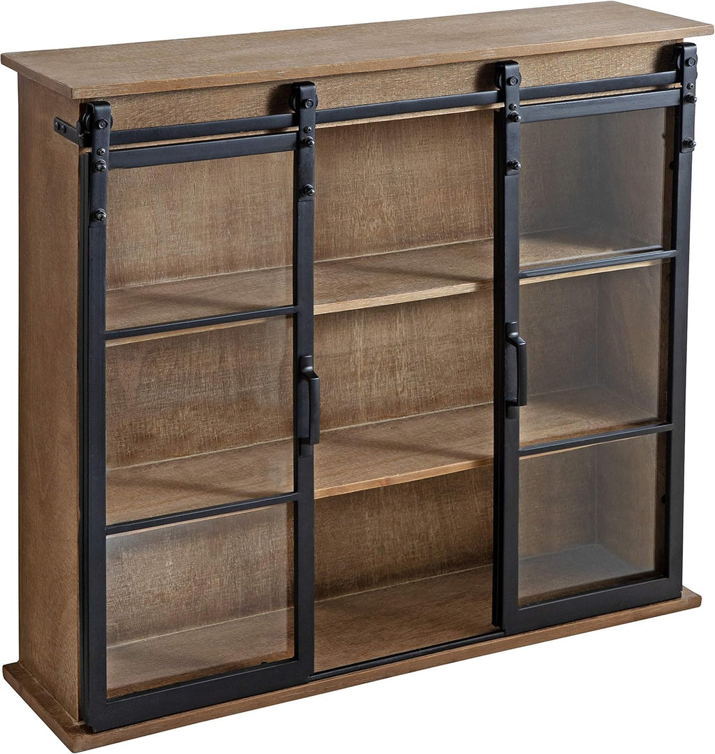 Rustic Brown Wooden Wall Cabinet with Two Sliding Glass Doors B39225