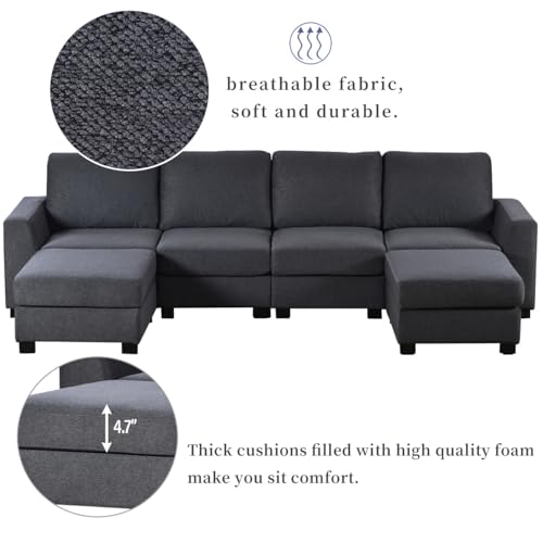 Large U-Shaped Sectional Sofa with Removable Ottomans, Gray Polyester W2031