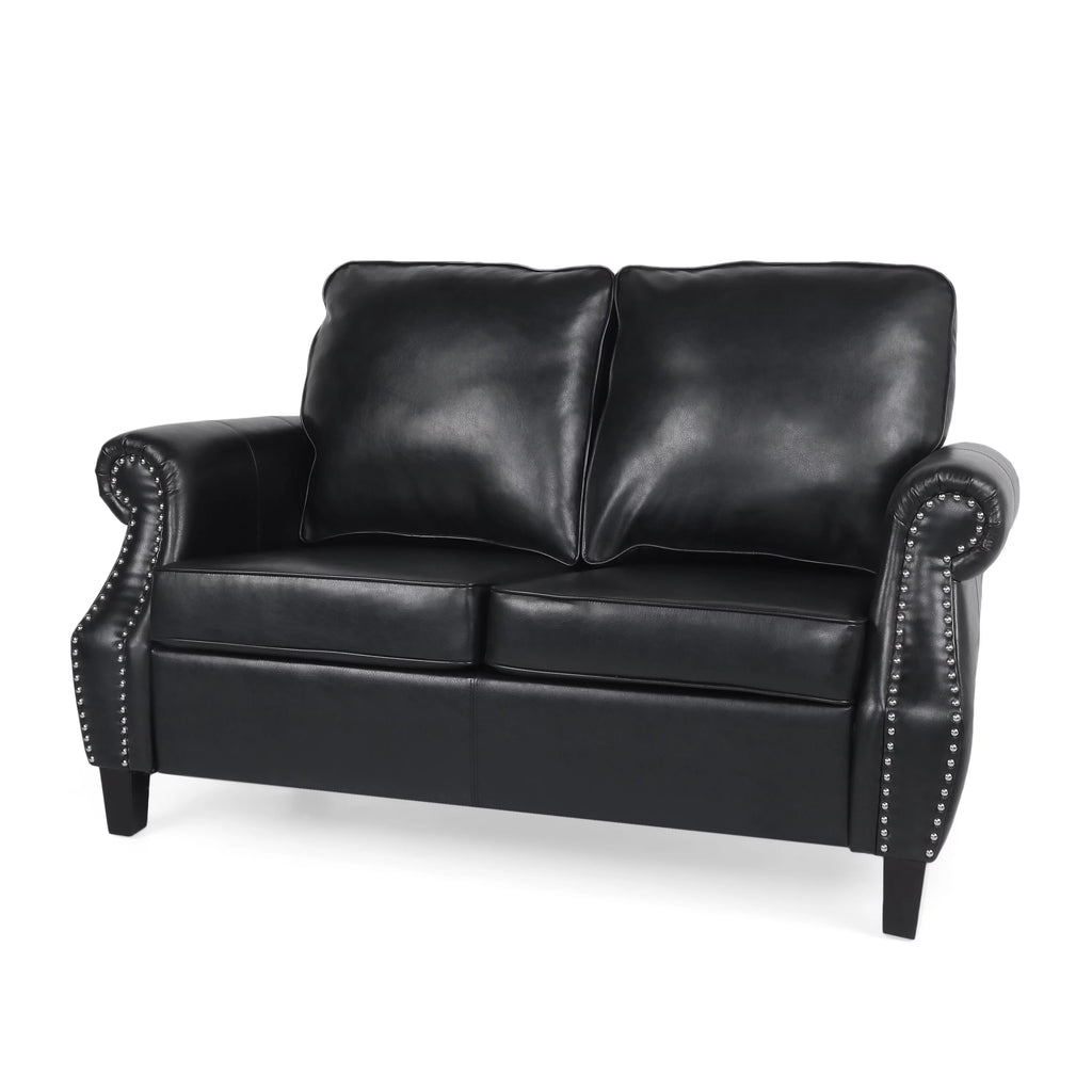 Midnight Black and Dark Brown Faux Leather Loveseat with Nailhead Trim T82967
