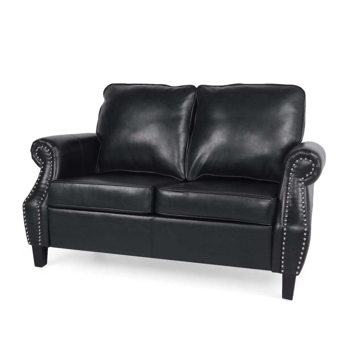 Midnight Black and Dark Brown Faux Leather Loveseat with Nailhead Trim T82967
