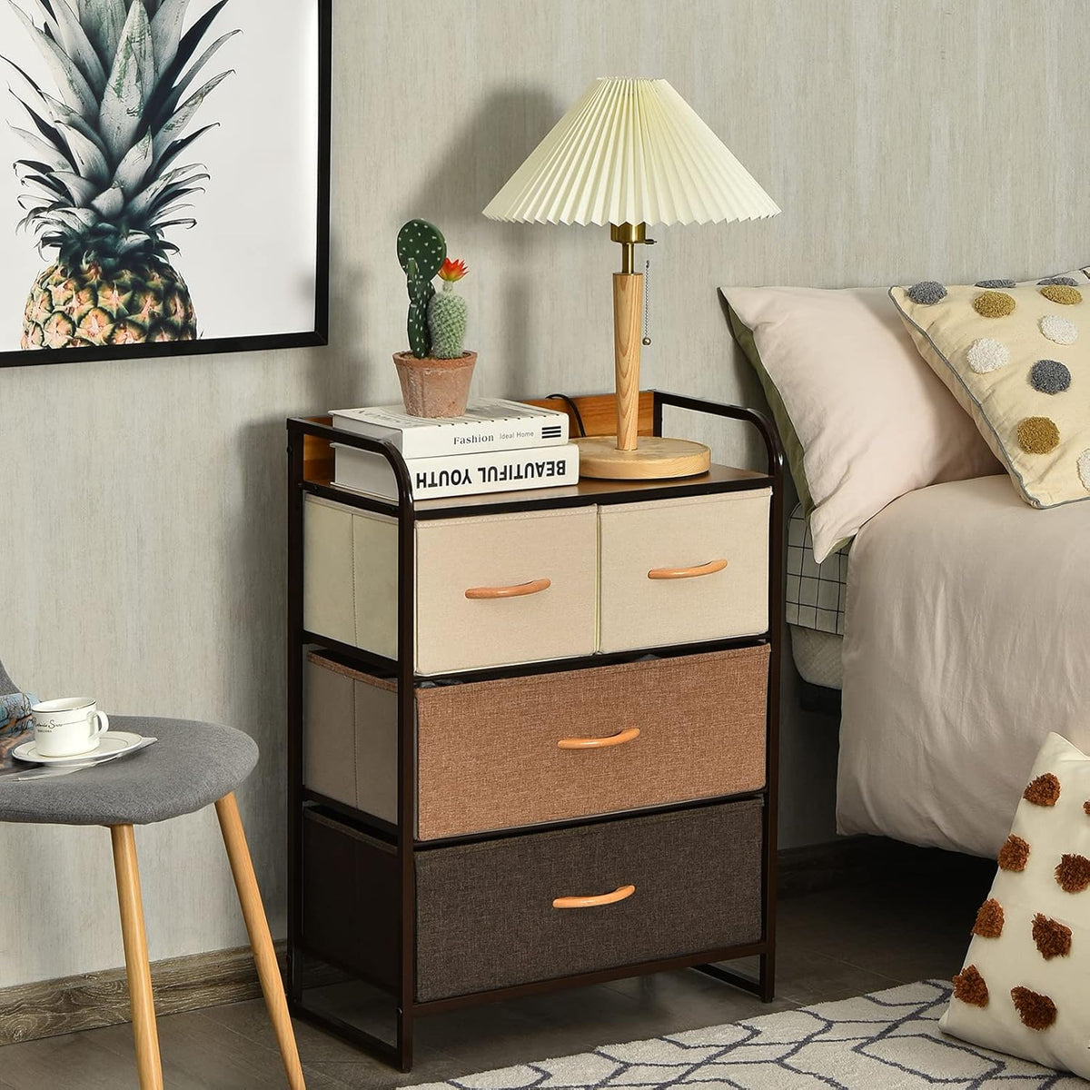 4 Drawer Fabric Dresser with Steel Frame and Wooden Top H1698