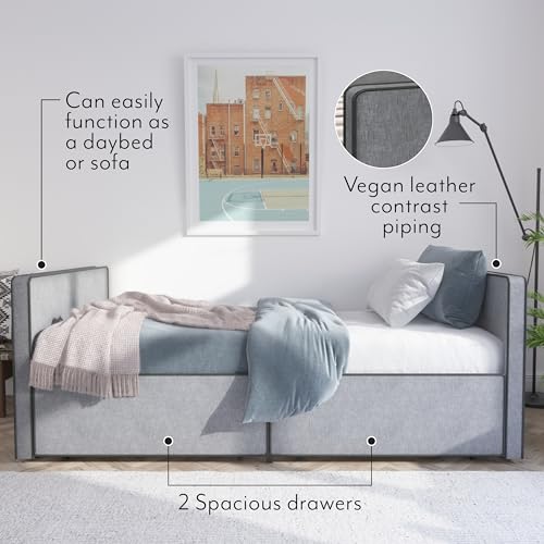 Twin Size Platform Bed Frame with 2 Storage Drawers in Gray Fabric N271246
