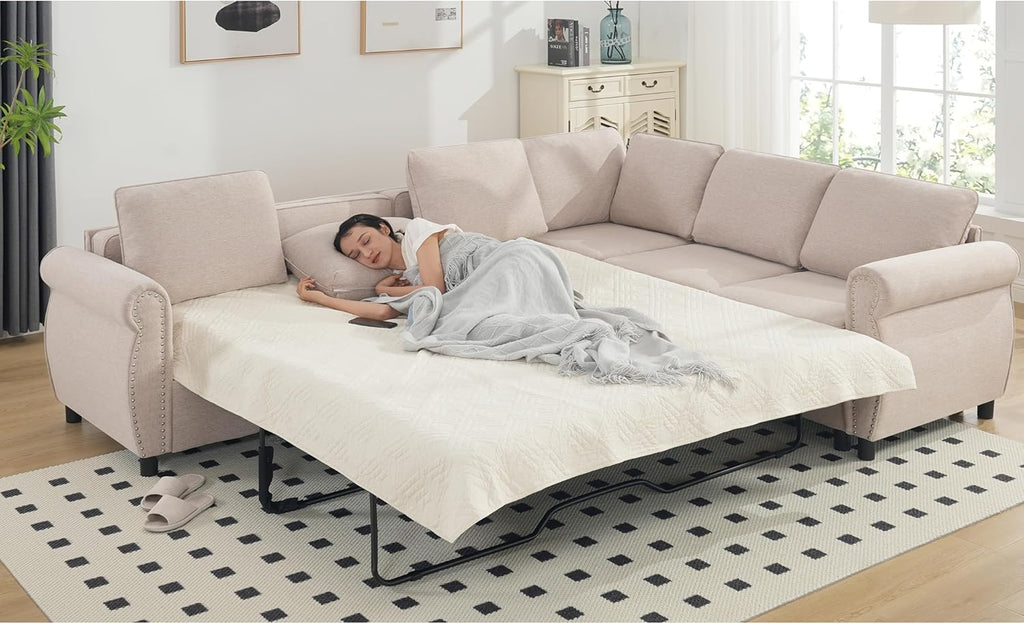 Beige Modular Sectional Sleeper Sofa with Pull Out Bed D4024