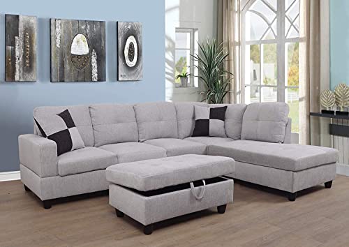 Grey White Linen Fabric L-Shaped Sectional Sofa Set with Storage Ottoman and Pillows Q46407