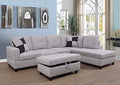 Grey White Linen Fabric L-Shaped Sectional Sofa Set with Storage Ottoman and Pillows Q46407