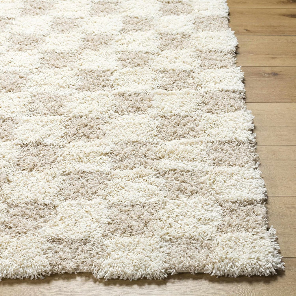 Beige Cream White Checkered Fluffy Shag Area Rug 6'7" x 9'6" A39427