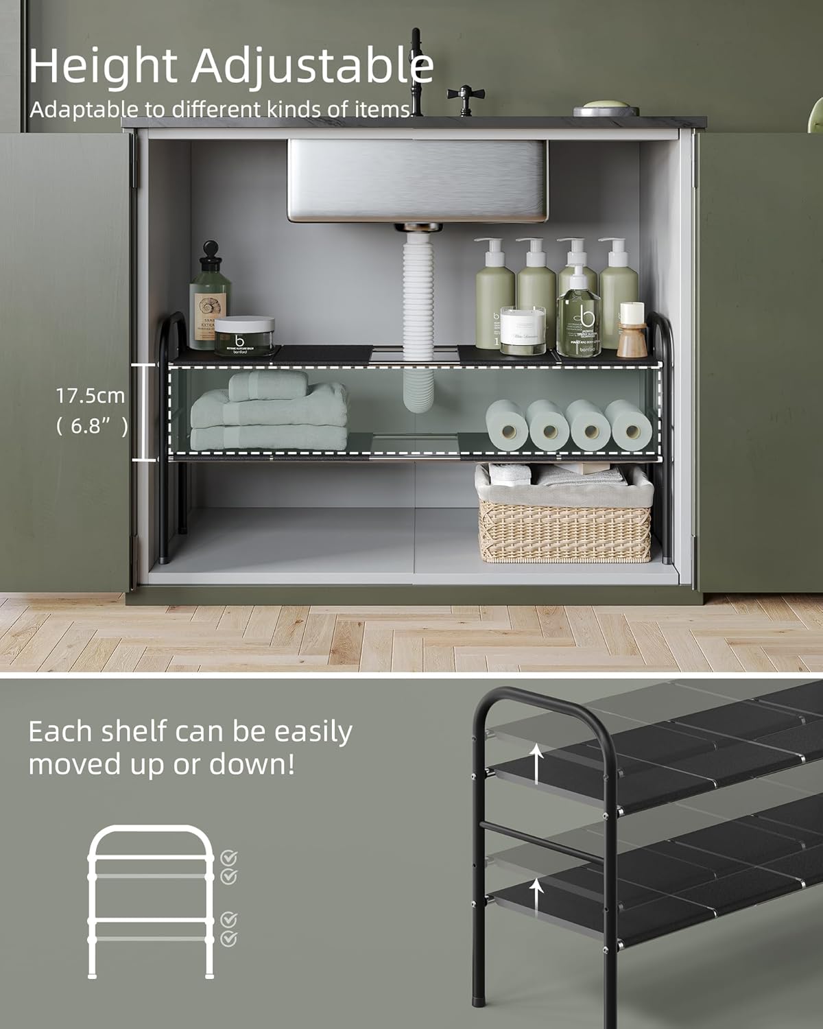 2 Tier Expandable Under Sink Organizer Shelf with 8 Removable Panels B93352