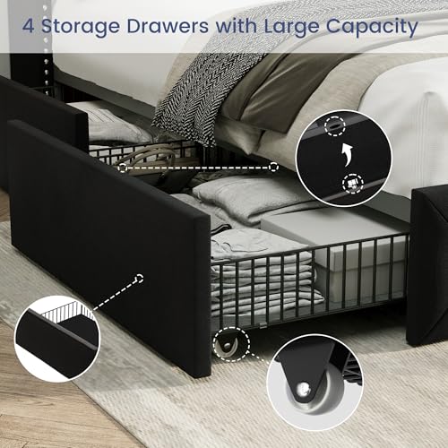 Black Velvet King Size Bed Frame with Storage Drawers and Tufted Headboard V2696