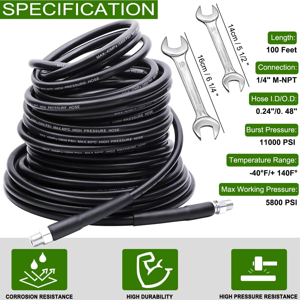100FT 1/4 Inch NPT 5800PSI Sewer Jetter Kit with Nozzle Y917386