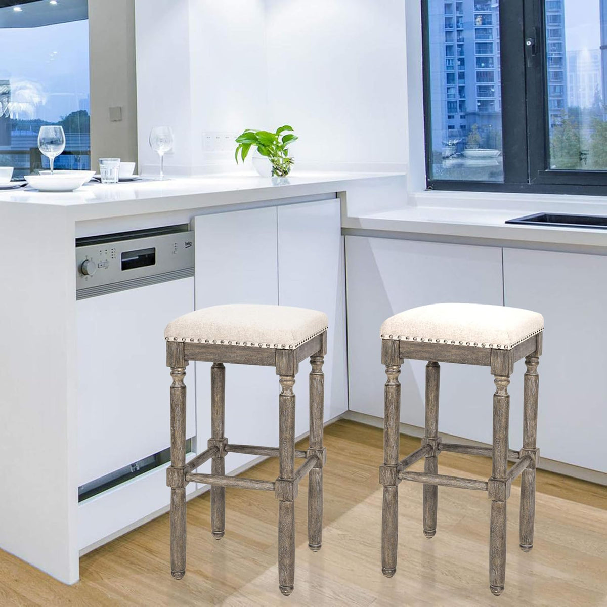 Kitchen Counter Barstool 30 Inch Seat Height Taupe Set of 2 P10801