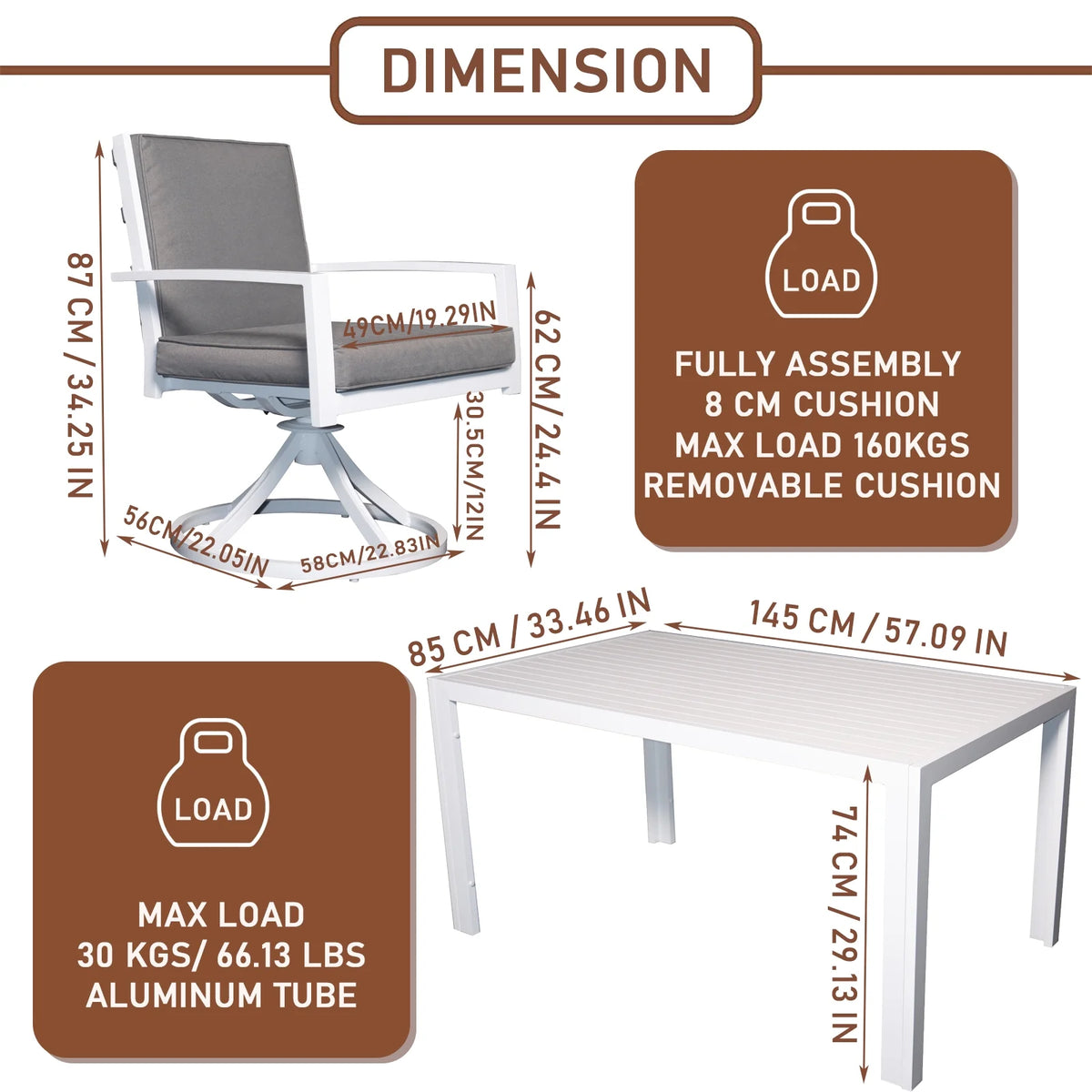 7 Piece Aluminum Outdoor Dining Set with 6 Swivel Chair Padded Cushion O143513