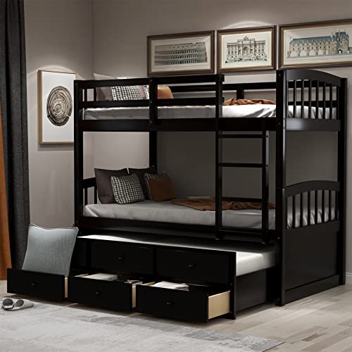 Twin Over Twin Wooden Bunk Bed with Trundle and 3 Storage Drawers H4701