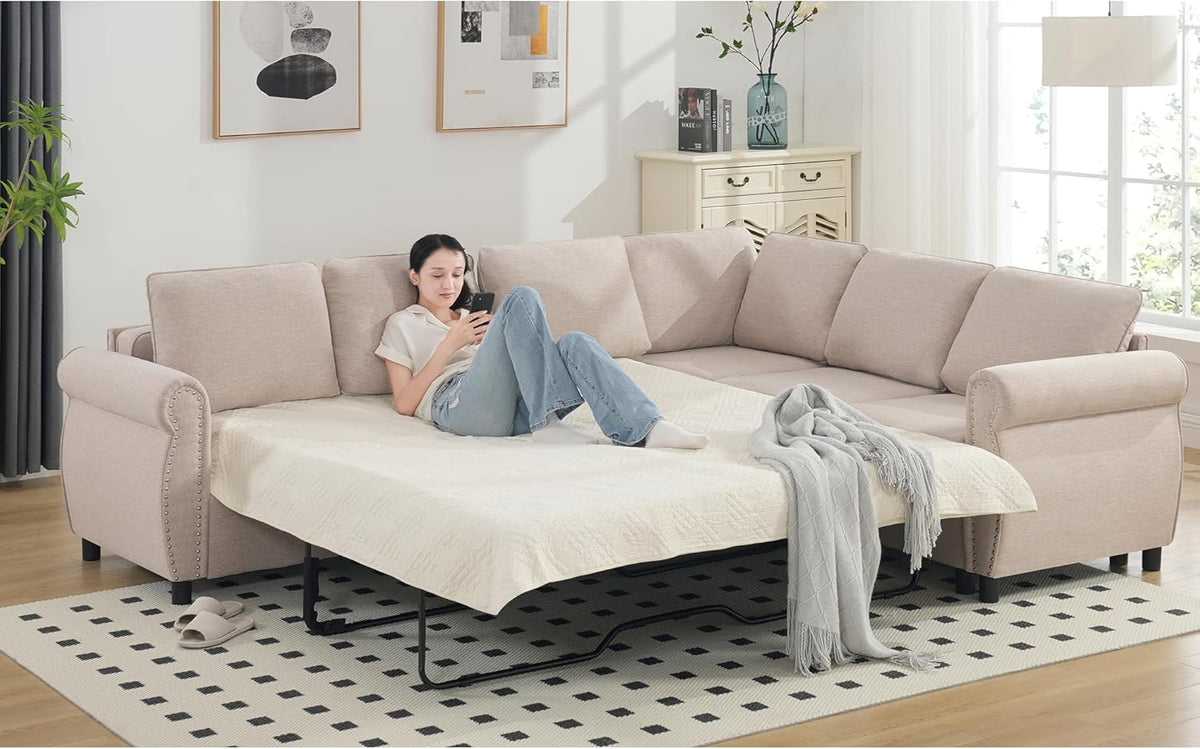 Beige Modular Sectional Sleeper Sofa with Pull Out Bed D4024