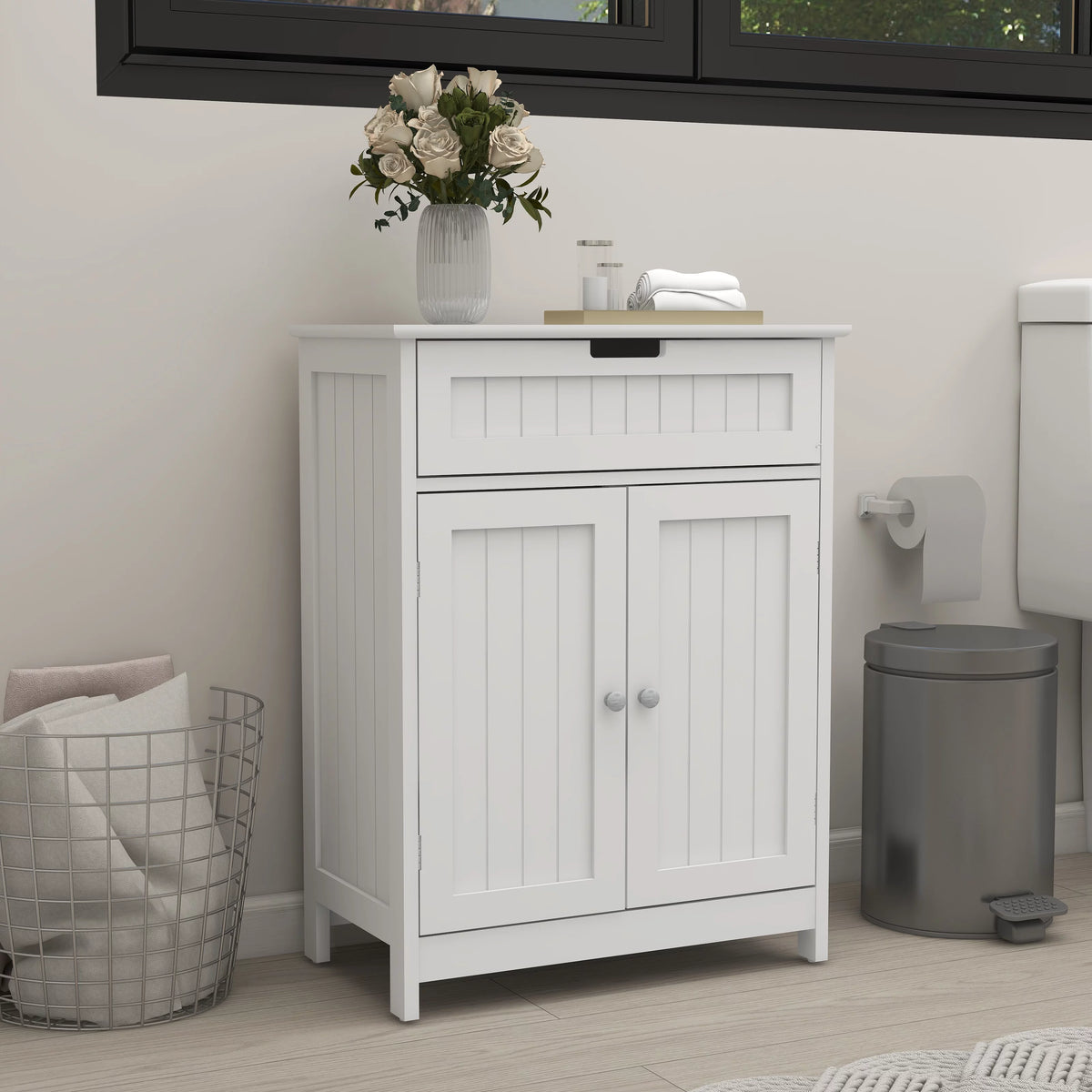 White Wood Bathroom Floor Cabinet 2 Doors 1 Drawer Q363553