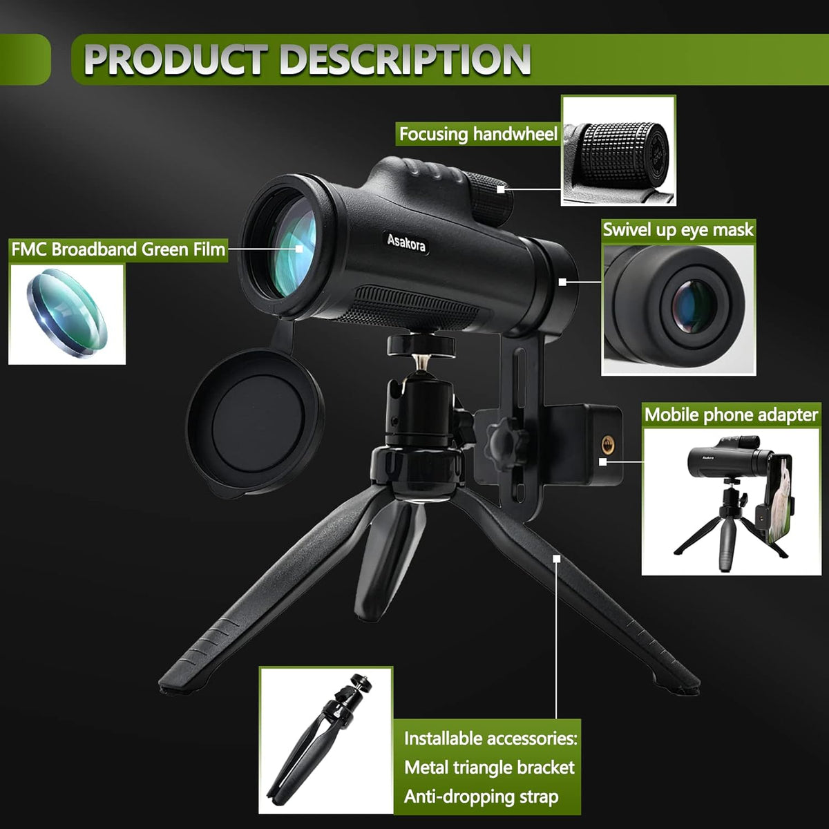 12x50 Waterproof Monocular with Smartphone Adapter & Tripod E45100