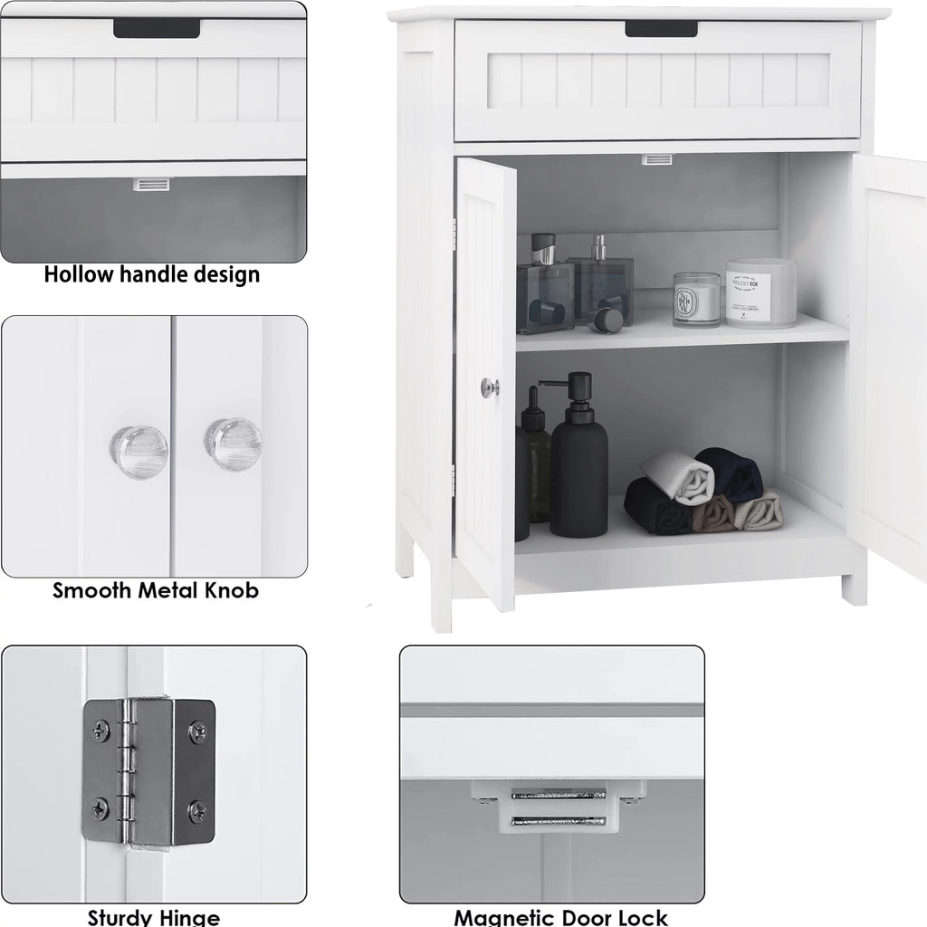 White Wood Bathroom Floor Cabinet 2 Doors 1 Drawer Q363553