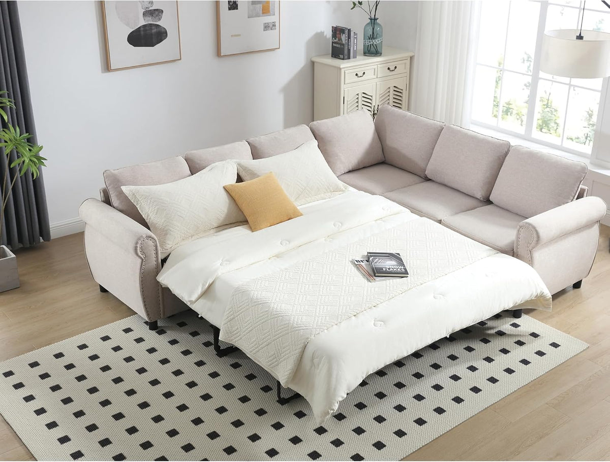 Beige Modular Sectional Sleeper Sofa with Pull Out Bed D4024
