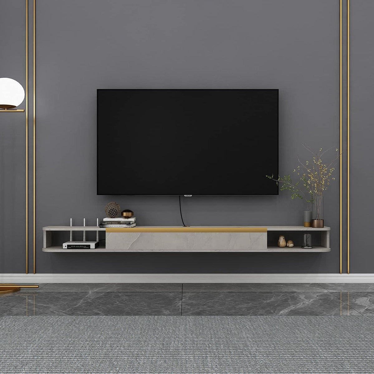 47.24 in Dark Gray Wall Mounted Wood TV Shelf with 3 Doors R542311