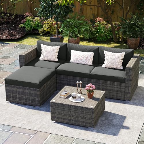 5 Piece Wicker Rattan Outdoor Patio Furniture Set with Cushions I86886