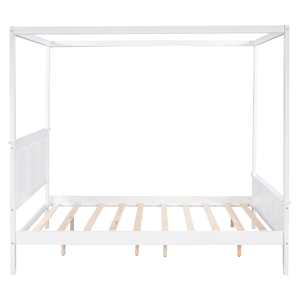 White Wood Queen Size Canopy Platform Bed E94326