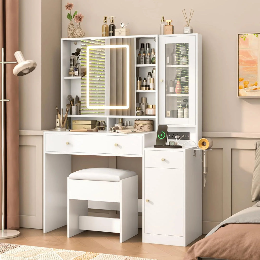 White Vanity Desk with Sliding Mirror and Lights X5818