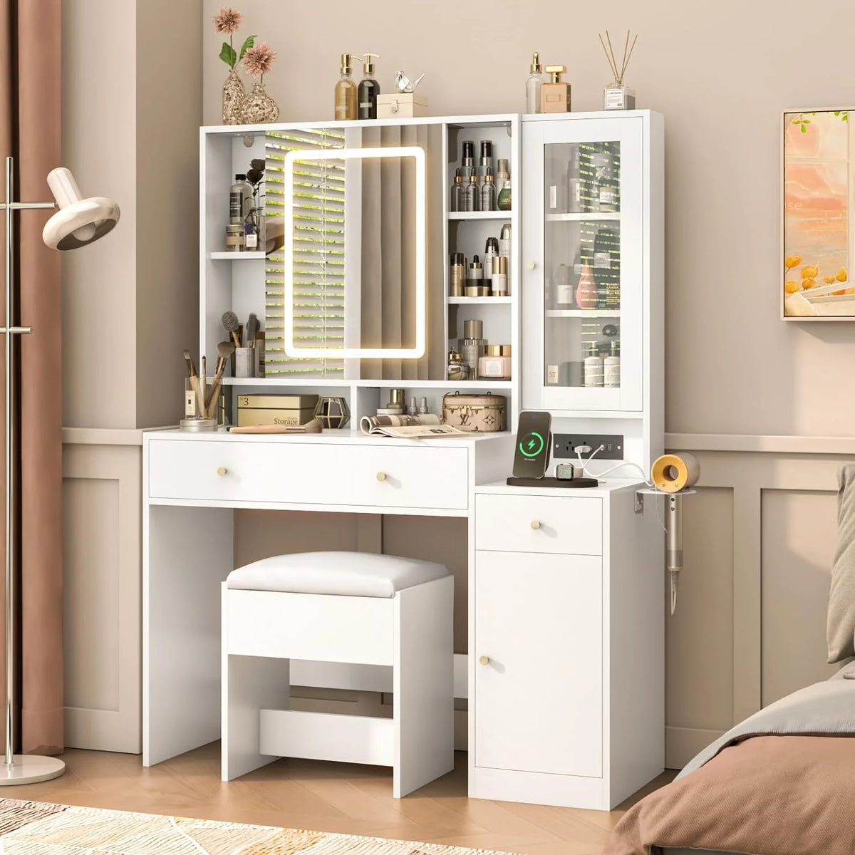 White Vanity Desk with Sliding Mirror and Lights X5818