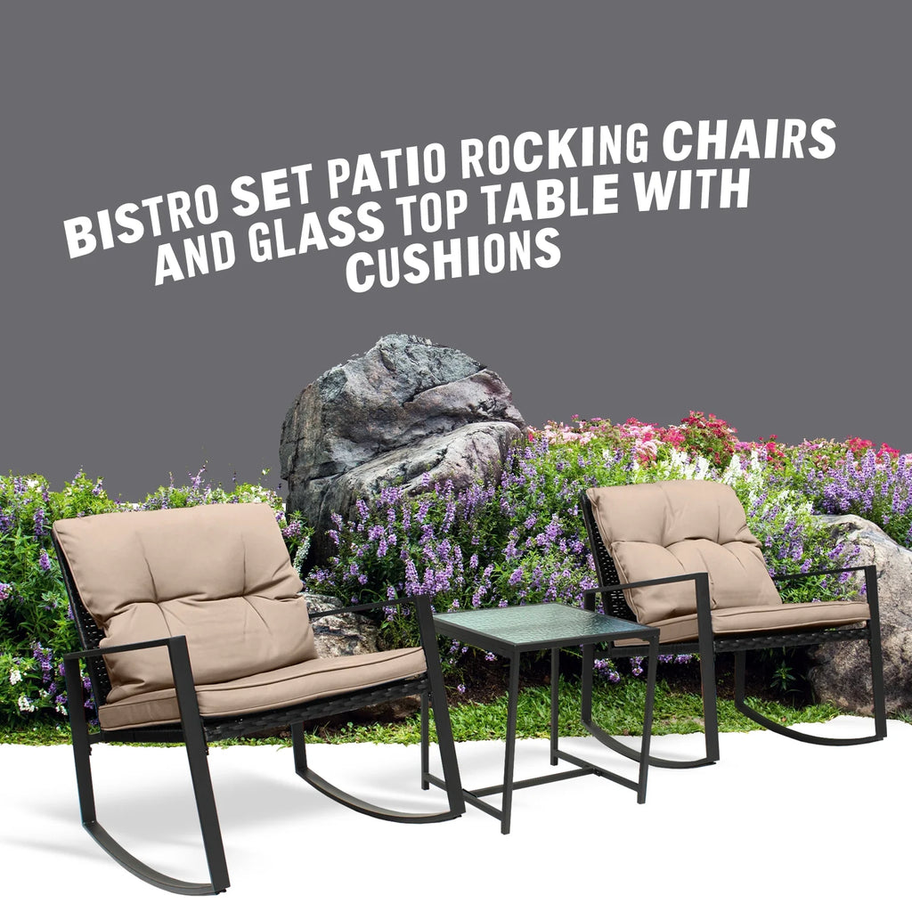 Black Wicker 3-Piece Rocking Chair Set with Glass Table N89008