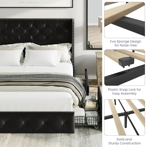 Black Velvet King Size Bed Frame with Storage Drawers and Tufted Headboard V2696