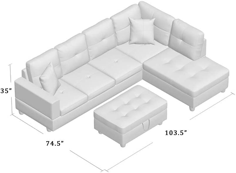 Grey White Linen Fabric L-Shaped Sectional Sofa Set with Storage Ottoman and Pillows Q46407