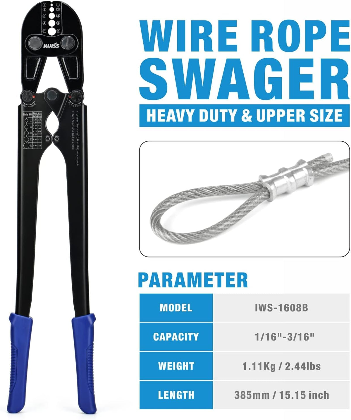 Wire Rope Crimping Tool for Aluminum Loop Sleeves, Duplex Oval Cable Ferrules 1/16’’ to 3/16’’, with Wire Rope Cable Cutter K885