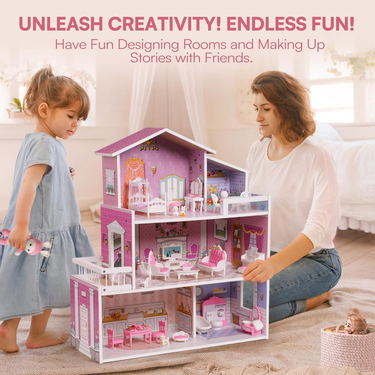 Wooden Dollhouse Playset, 3 Stories, 5 Rooms, 24 PCS Furniture U76780