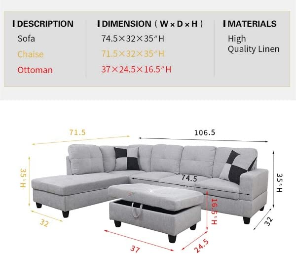 Grey White Linen Fabric L-Shaped Sectional Sofa Set with Storage Ottoman and Pillows Q46407