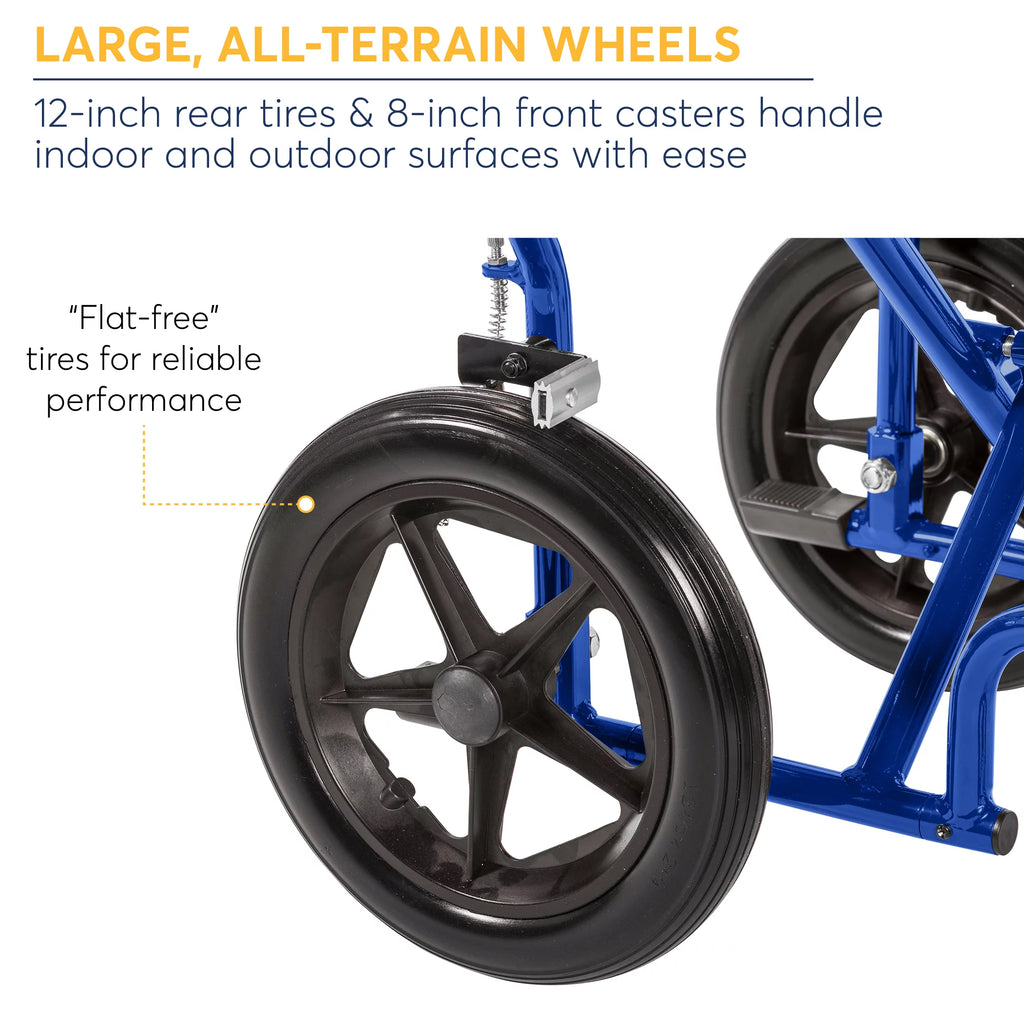 Blue 19" Seat Lightweight Transport Wheelchair with Hand Brakes P764495